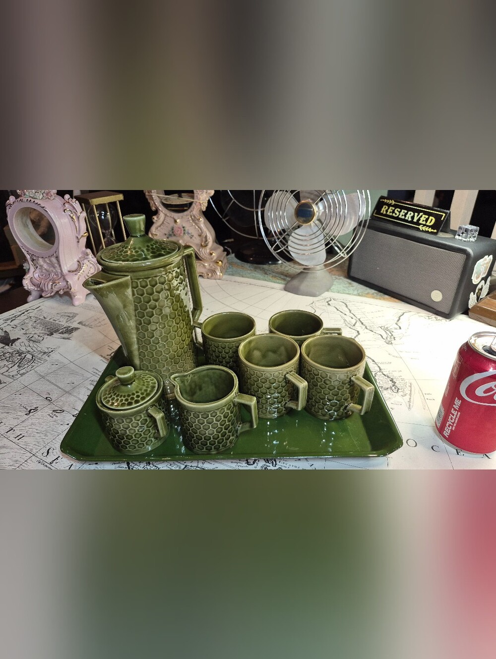 Green Honeycomb Ceramic Coffee Set - Stylish Home Dining Set VTG 70S